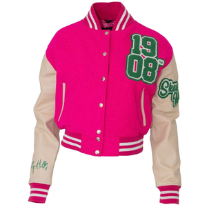 1908 Stacked Green Crop Leather Varsity Jacket Women Embroidered Letterman Bomber <b>Coat</b> Casual College Style Cropped Fashion - Product Image 1