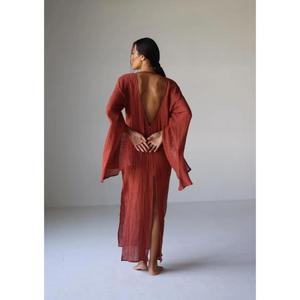 Women Rust <b>Red</b> Cotton Dress Deep V Neck Long Sleeve Boho Wrap Dress Beach Resort Vacation Wear - Product Image 6