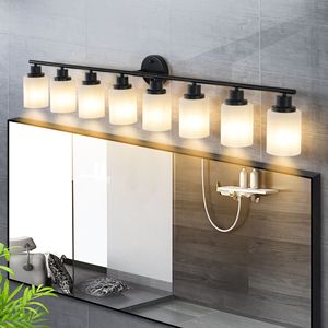 Specchio da Bagno Moderno a 8 Luci, 52 Pollici, Vetro Smerigliato Bianco con Cornice in Ferro Nero, Applique da Parete Contemporanea per Camera da Letto - Product Image 2