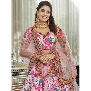 Lehenga Choli semi-cousu en soie artificielle à imprimé floral rose clair pour mariage par Zeel Clothing - Product Image 5