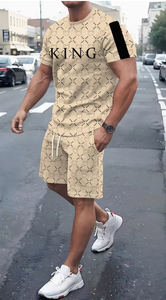 Ensemble T-shirt et short décontracté pour homme imprimé King, motif géométrique, col rond, respirant, manches courtes - Product Image 4