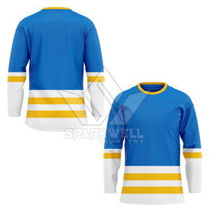 Camiseta de Hockey sobre Hielo Sublimada Personalizada para Hombre, Azul, Amarillo y Blanco a Rayas, Manga Larga, Transpirable, Ropa Deportiva, Corte Regular para Adultos - Product Image 4