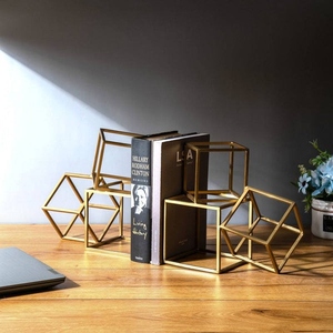 Modern design iron wire geometric hollow cube metal bookend set gold finish decorative <b>book</b> holder minimalist design heavy duty - Product Image 3