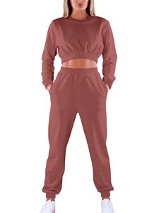 Ensemble de survêtement pour femmes, couleur unie, manches longues, col rond, coupe ample, vêtements d'automne, matière en coton respirant - Product Image 2