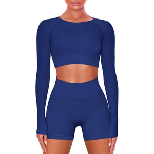 Ensemble de yoga bleu 2 pièces : haut court à col rond et manches longues, short taille haute, couleur unie, en Spandex et Polyester respirant - Product Image 1