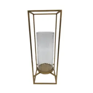 桌面装饰玻璃和铁蜡烛柱架金色现代风格家居装饰灯笼和蜡烛架