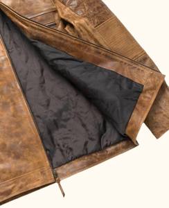 PIHA SPORTS Men's Genuine Leather Varsity Jacket Stand Collar Regular Fit Winter Biker Style <b>Covered</b> <b>Button</b> Closure Brown Washed - Product Image 3