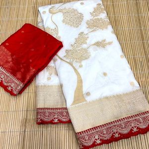 Sari de Diseño Blanco de Georgette Khaddi Puro Premium con Borde Festoneado Intrincado, Precio al por Mayor por Royal Export - Product Image 3