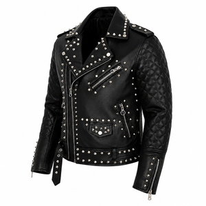 Chaqueta de Cuero Negra Personalizada para Hombre, Estilo Motero, con Tachuelas, Mangas Acolchadas, Estilo Punk Rock, Cuero Genuino - Product Image 2