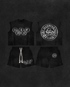 ชุดเสื้อกล้ามและกางเกงขาสั้นสีดำสำหรับผู้ชาย ลายพิมพ์ฟอยล์ตัวอักษร สไตล์สตรีทแฟชั่น ใส่ได้ในฤดูร้อน คอกลม ผ้าถักโพลีเอสเตอร์ - Product Image 1