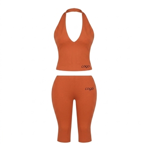 Conjunto Deportivo de 2 Piezas para Mujer, Top Halter y Pantalones Largos, Color Sólido, Tejido de Punto, Spandex y Algodón, Transpirable, para Primavera/Verano - Product Image 3