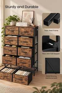Commode industrielle à 10 tiroirs en tissu avec structure en fer, meuble de rangement autoportant pour chambre à coucher - Product Image 3
