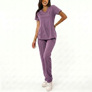 Tenues chirurgicales unisexes à manches courtes en tissu pur violet personnalisé (Spandex/Polyester) pour médecins et infirmières d'hôpital - Product Image 4
