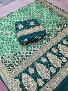 Pure Banarasi Chiffon Georgette Bandhani Suit Set Traditional <b>Gota</b> Patti Zari Weave Premium Unstitched Party Silk Salwar Sun - Product Image 5