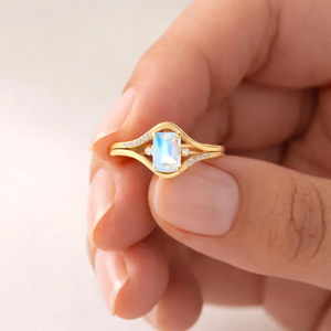 Moonstone <b>Emerald</b> Cut <b>Ring</b> Split Shank June Birthstone <b>Ring</b> 925 Sterling <b>Silver</b> 18K Gold Filled Minimalist Statement Jewelry - Product Image 6