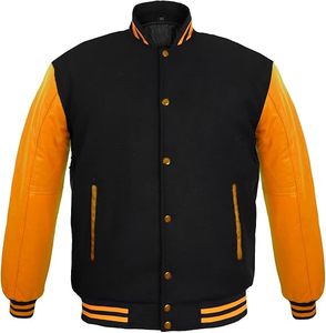 Premium Unisex College Varsity Jacket Custom Wholesale Durable Sportswear Outerwear Yellow Black Design Canvas Fabric for <b>Men</b> - Product Image 1