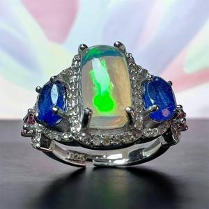 Natural Ethiopian <b>Opal</b>, <b>Blue</b> Sapphire And Pink Tourmaline Gemstone With Single Cut Diamond 925 Sterling Silver <b>Ring</b> - Product Image 1