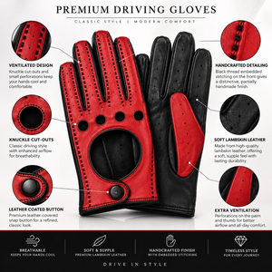 Gants de conduite en cuir rouge et noir, gants de conduite en cuir de vache à doigts entiers, respirants, légers, coupe-vent - Product Image 2