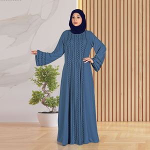Abaya en tissu Nida avec panneaux brodés en zigzag, manches longues, longueur au sol, vêtements islamiques pour femmes, mode du Moyen-Orient - Product Image 2