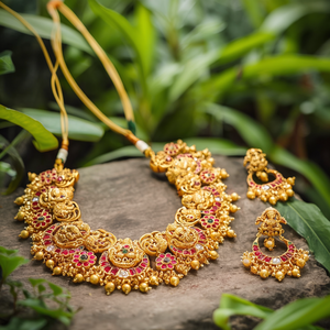 Laxmi Nakshi Gold Plated <b>Ruby</b> Bridal <b>Necklace</b> and Earring Set - Product Image 3