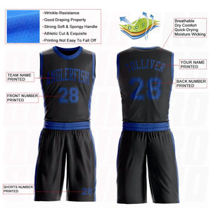 Conjunto de Uniforme de Baloncesto Sublimado Personalizado con Cuello Redondo Negro Real, Nombre del Equipo, Número y Logotipo Impresos, Sin Mangas - Product Image 5