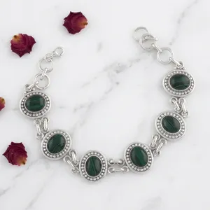 Pulsera de Plata de Ley 925 con Malaquita para Mujer, Engaste Ovalado, Cadena de Eslabones, Joyería Clásica Vintage - Product Image 3