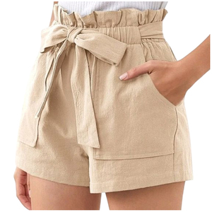 Pantalones cortos de lino para mujer de corte holgado con cintura elástica con cordón - Product Image 2