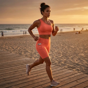 Conjunto de yoga de dos piezas para mujer, color coral, con top de un solo hombro y shorts de ciclista de cintura alta con bolsillos, ropa deportiva para fitness, gimnasio y entrenamiento. - Product Image 5