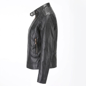 Chaqueta de Motocicleta de Cuero PU Negra para Mujer, Cuello Alto, Cierre de Cremallera, Hombros Acolchados, Ropa de Abrigo para Otoño - Product Image 2