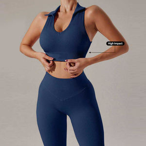 Ensemble de yoga pour femme, haut court à bretelles croisées à imprimé floral bleu, leggings taille haute longueur intégrale, respirant, en spandex et polyester, 2 pièces - Product Image 3