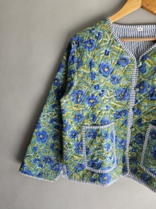 Veste matelassée florale pour femme en coton, manches trois quarts, col rond, poche plaquée, style printemps, broderie à la main - Product Image 2