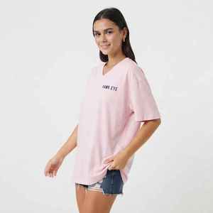 <b>Women's</b> Pink <b>V</b>-<b>Neck</b> Short Sleeve <b>T</b>-<b>Shirt</b> Loose Fit 100% Cotton Casual Jersey Print Logo Top Spring Summer - Product Image 3