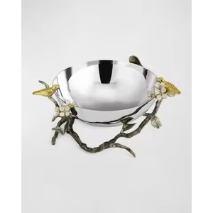 Bol de service au design tendance, plat ovale en laiton doré avec poignée en forme de branche fleurie, vaisselle de table - Product Image 6