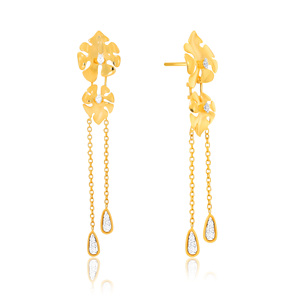 Elegant 14K Gold Finish Long <b>Dangle</b> <b>Earrings</b> with Intricate Floral Motifs Brilliant Lab Grown Accents and Double Chain - Product Image 2