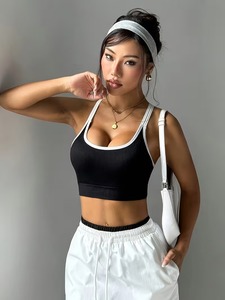 Sujetador deportivo para mujer con ribete en contraste, sin costuras, acanalado, top corto de gimnasio, con corte en T en la espalda y recortes, bralette para entrenamiento y yoga - Product Image 5