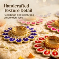 Porte-bougies à bougies chauffe-plat de luxe, faits main en métal durable et écologique, avec broderie traditionnelle de perles et de fils de soie, pour Diwali