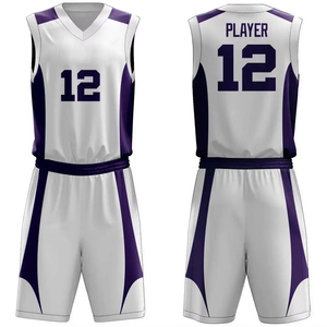 Ensemble d'uniformes de basket-ball personnalisables blanc et violet, col en V, sans manches, respirant, en polyester, maillot d'équipe adulte avec numéro 12 - Product Image 1