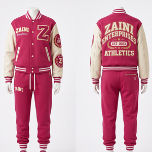 Women Varsity Tracksuit 320 GSM Cotton Polyester Fleece Pink Cream Color Contrast Sleeves Chenille <b>Embroidery</b> Custom Logo - Product Image 1
