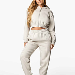 <b>Cropped</b> Hooded <b>Zip</b>-<b>Up</b> Sweatshirt Solid Color Oversized Fit Casual French Terry Unisex Autumn Wear - Product Image 6