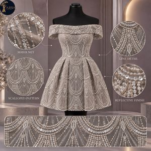 Beaded Scallop <b>Dress</b> Fabric with Pearl Sequins on Sheer <b>Net</b> | Decorative Cloth for Bridal Gowns Wedding <b>Dresses</b> and Eveningwear - Product Image 5