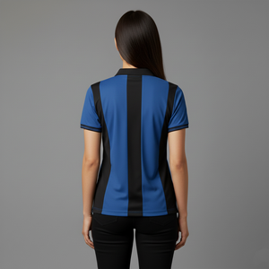 Nouveau Polo Femme Bleu et Noir à Blocs de Couleurs, Manches Courtes, Décontracté, Séchage Rapide, en Polyester Tricoté, avec Logo Imprimé par Transfert Thermique sur le Devant - Product Image 5
