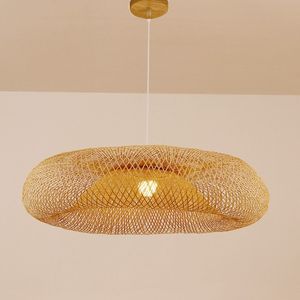 Creative Rounded Oval Design Natural Bamboo Lampshade Handmade Woven Ceiling Pendant <b>Light</b> <b>Fixture</b> <b>Rustic</b> Chandelier - Product Image 1
