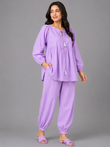 Conjunto Casual de Dos Piezas para Mujer, Color Lavanda Sólido, 100% Algodón Premium, Cuello Mao, Manga Larga, Corte Regular, Verano - Product Image 1
