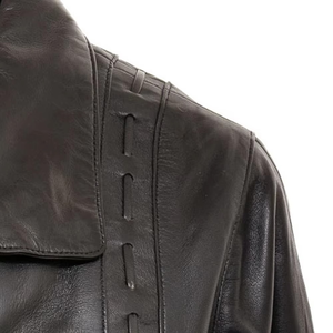 Chaqueta de Mujer de Cuero Genuino con Cuello Alto, Manga Larga, Cierre de Botones, Color Sólido, Largo Regular, para Otoño - Product Image 4