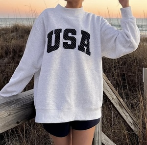 Custom Logo Varsity Print Mock Neck Sweatshirt <b>Women</b> Oversized Heavyweight Cotton <b>Pullover</b> with Thumbholes - Product Image 4