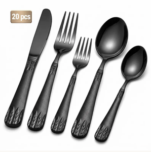 Ensemble de couverts en acier inoxydable noir de qualité supérieure avec poignée à motif gaufré, cuillère, fourchette, couteau, vente en gros - Product Image 3