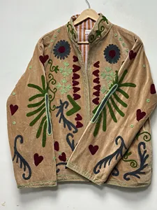 Women Khaki <b>Velvet</b> Suzani Embroidered <b>Jacket</b> with Floral Pattern Full Sleeve Stand Collar Bohemian Women's Autumn Outerwear - Product Image 4
