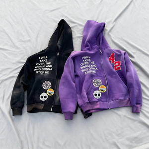 Streetwear Chenille Patches Acid Washed Zipper Hooded Sweatshirt for Unisex Custom Branding Applique Embroidery Zip Up Hoodies - Product Image 1