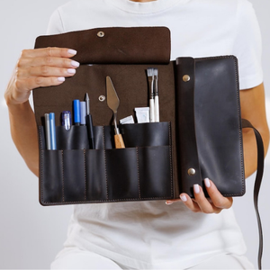 Handmade Leather Pencil <b>Roll</b> Personalized Artist <b>Tool</b> <b>Roll</b> Engraved Pencil Case Paint Brush Holder Organizer - Product Image 4