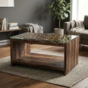 Table basse en bois rustique avec étagère ouverte, en bois recyclé fait main, finition naturelle vintage, table centrale rectangulaire pour salon - Product Image 5